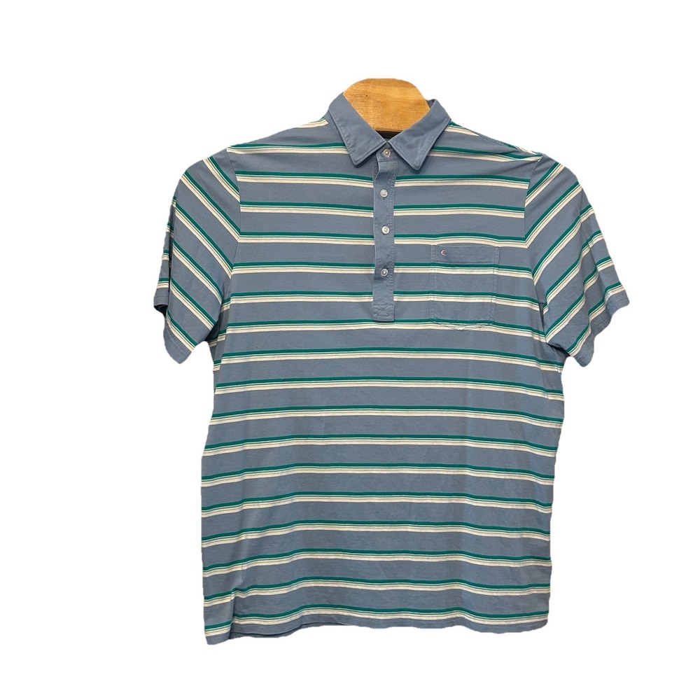 Criquet Polo Shirt Men's XL Blue Green Striped Short Sleeve Golf Organic Cotton
